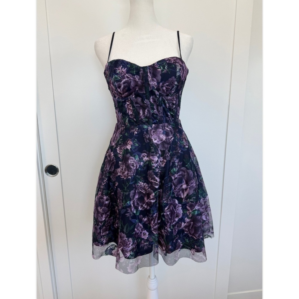 Trixxi Womens Purple Floral Corset Mini Dress Navy Mesh Fit Flare Party Size S